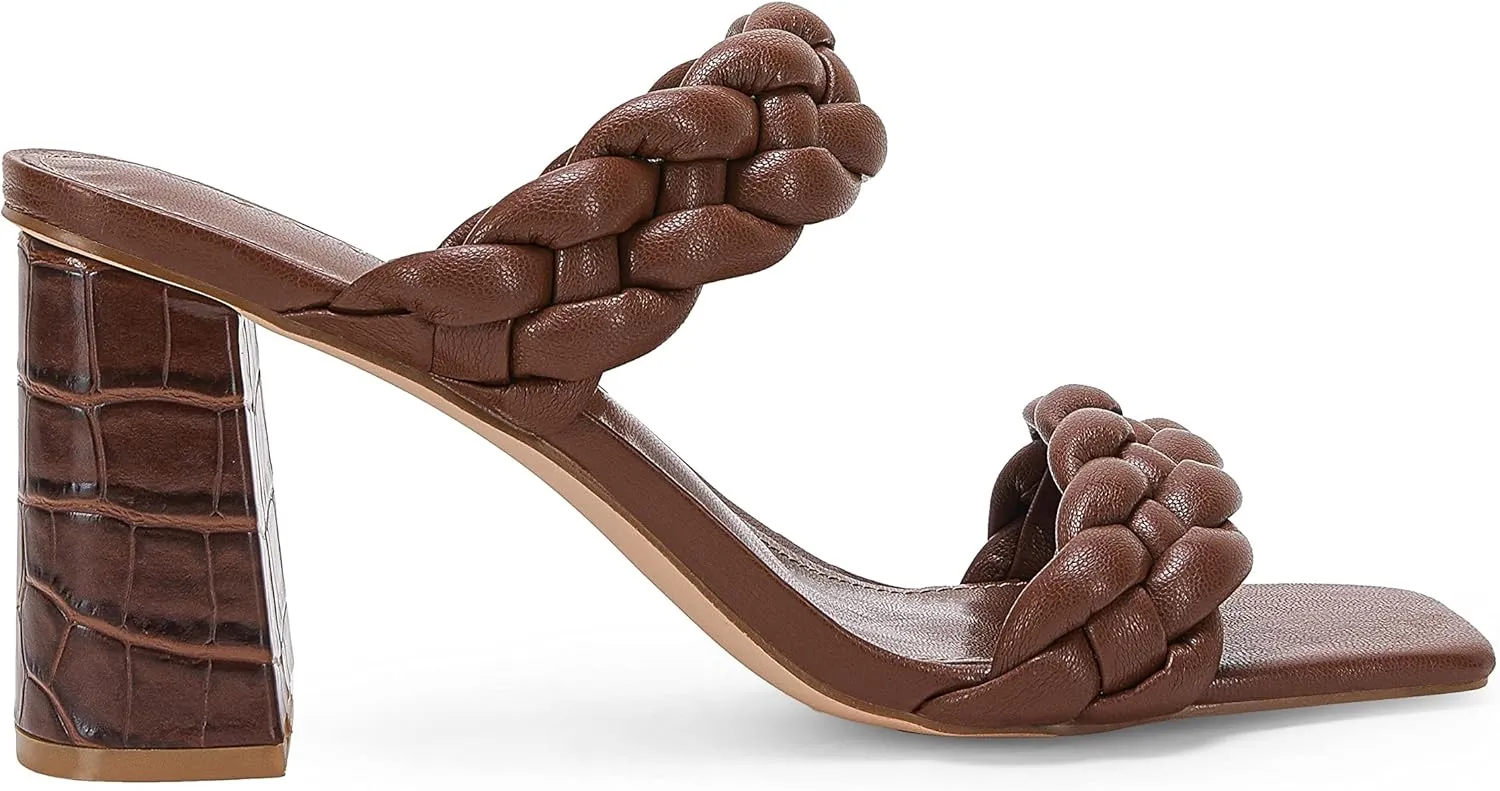 Syktkmx Women's Braided Heeled Sandals Backless Square Open Toe Block Slide Sandals