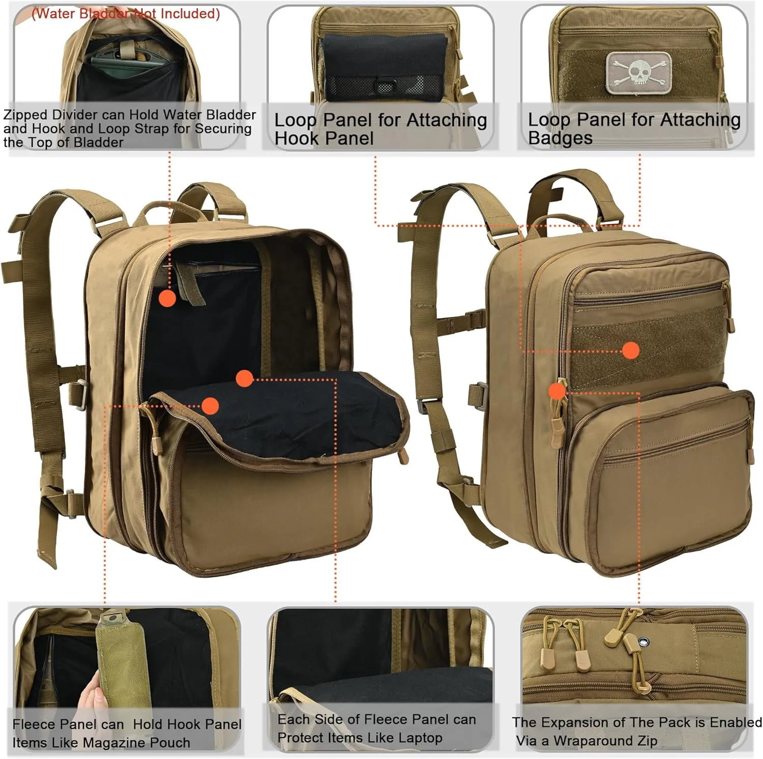 Tactical Expandable Flatpack, Chest Rig Backpack MOLLE Assault Pack Hydration Pack for PC Vest (Coyote Brown)