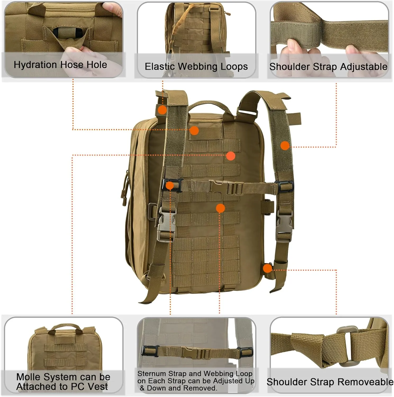 Tactical Expandable Flatpack, Chest Rig Backpack MOLLE Assault Pack Hydration Pack for PC Vest (Coyote Brown)