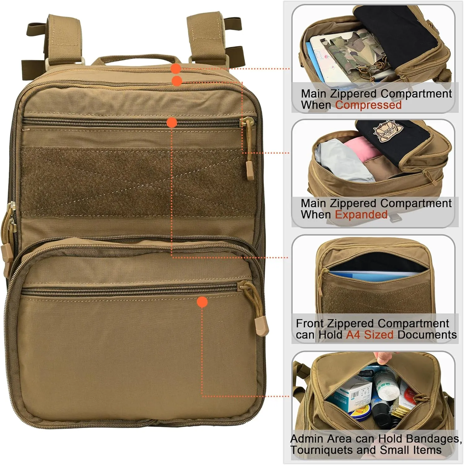 Tactical Expandable Flatpack, Chest Rig Backpack MOLLE Assault Pack Hydration Pack for PC Vest (Coyote Brown)