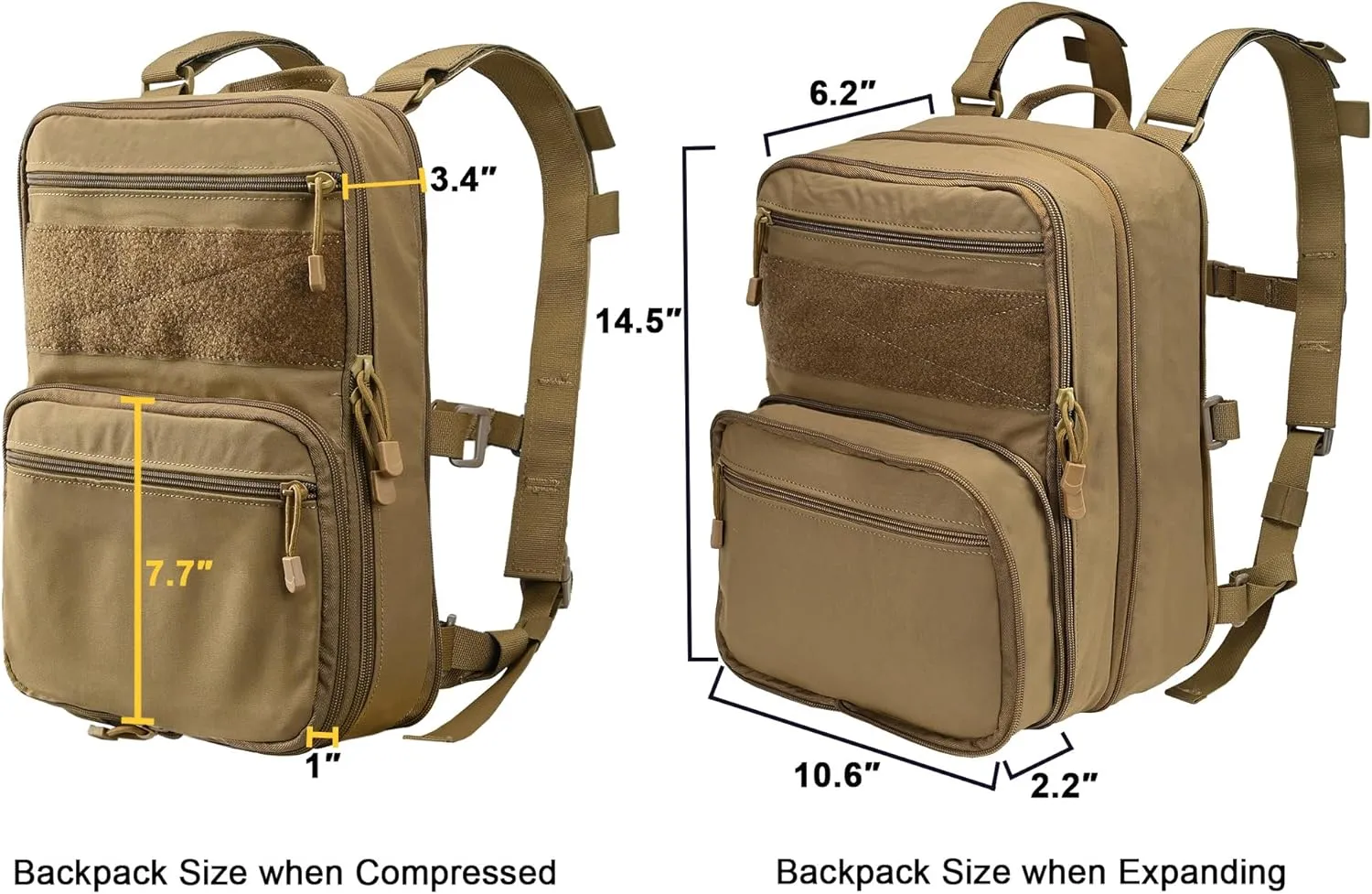 Tactical Expandable Flatpack, Chest Rig Backpack MOLLE Assault Pack Hydration Pack for PC Vest (Coyote Brown)