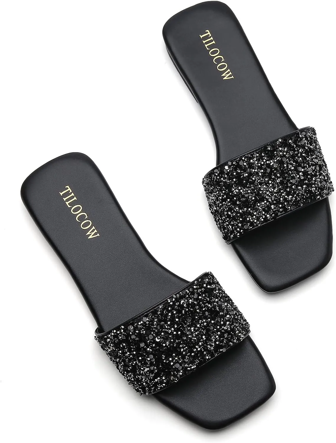 Tilocow Women Rhinestone Decor Flat Sandals Square Toe Fashion Glitter Bling Slides With Soft Summer Slippers