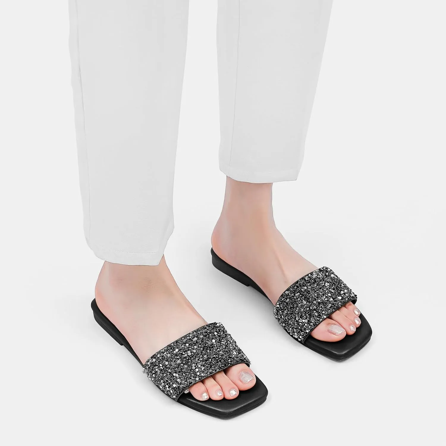 Tilocow Women Rhinestone Decor Flat Sandals Square Toe Fashion Glitter Bling Slides With Soft Summer Slippers