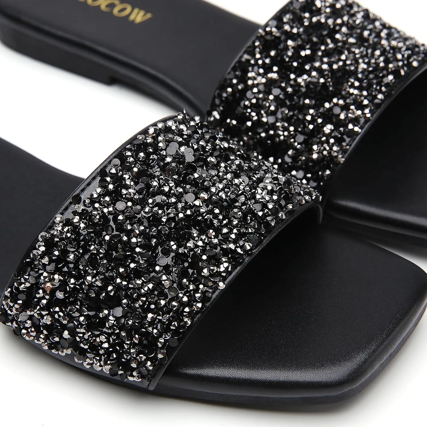 Tilocow Women Rhinestone Decor Flat Sandals Square Toe Fashion Glitter Bling Slides With Soft Summer Slippers