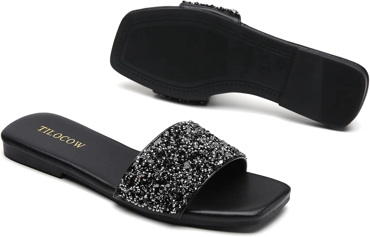 Tilocow Women Rhinestone Decor Flat Sandals Square Toe Fashion Glitter Bling Slides With Soft Summer Slippers