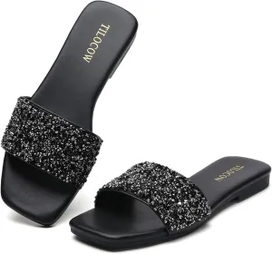 Tilocow Women Rhinestone Decor Flat Sandals Square Toe Fashion Glitter Bling Slides With Soft Summer Slippers