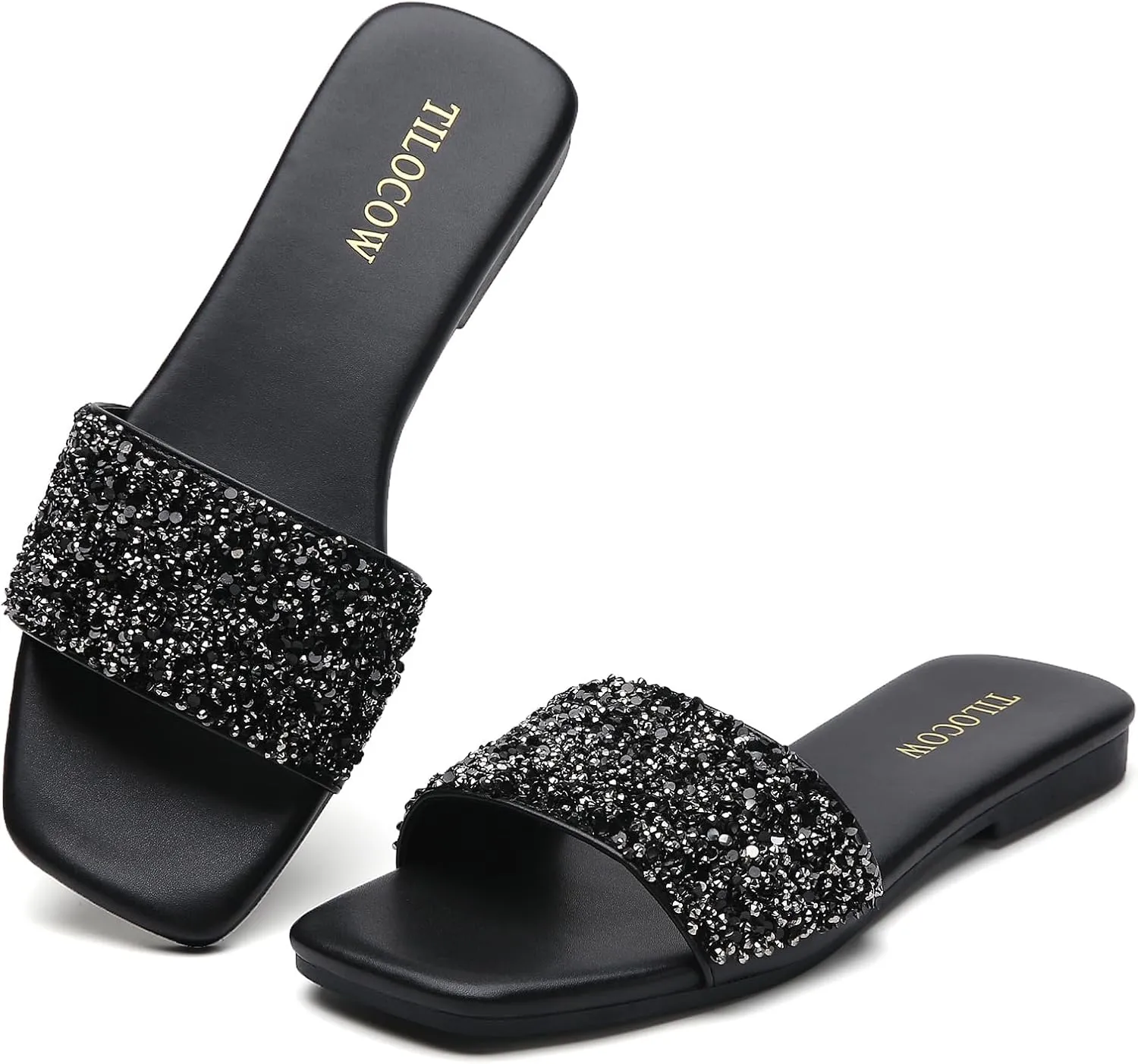 Tilocow Women Rhinestone Decor Flat Sandals Square Toe Fashion Glitter Bling Slides With Soft Summer Slippers