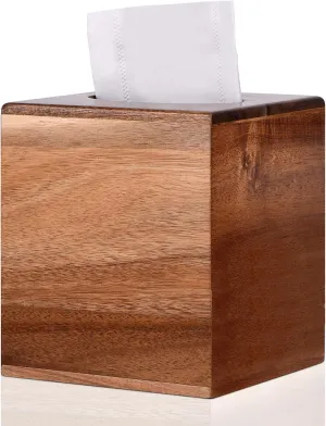 Tissue Box Cover Square, Acacia Wood Tissue Box Holder with Slide-Out Bottom, Wooden Tissue Box Cover Cube for Bathroom, Bedroom, Dinner Table, Office,Kitchen