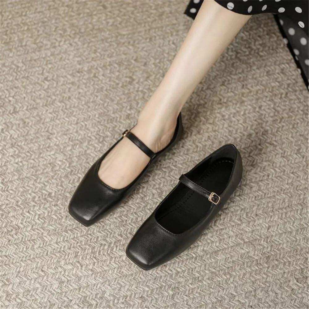 TN TANGNEST Women's Leather Flats Comfortable Square Toe Dress Flats Retro Soft Mary Jane Flats
