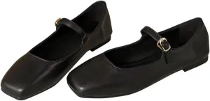 TN TANGNEST Women's Leather Flats Comfortable Square Toe Dress Flats Retro Soft Mary Jane Flats