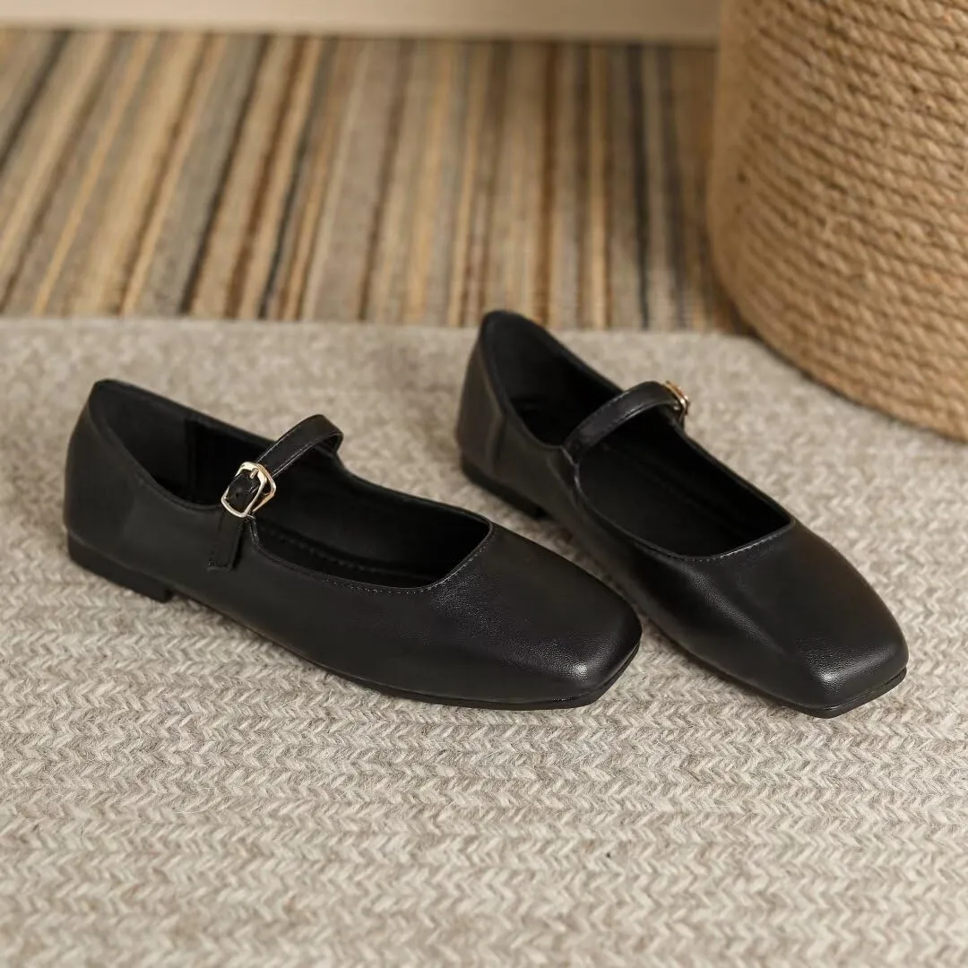 TN TANGNEST Women's Leather Flats Comfortable Square Toe Dress Flats Retro Soft Mary Jane Flats