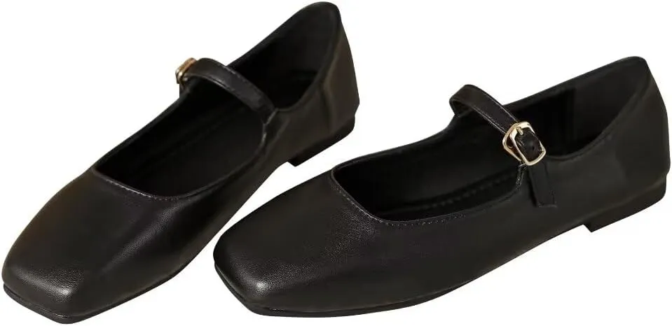 TN TANGNEST Women's Leather Flats Comfortable Square Toe Dress Flats Retro Soft Mary Jane Flats