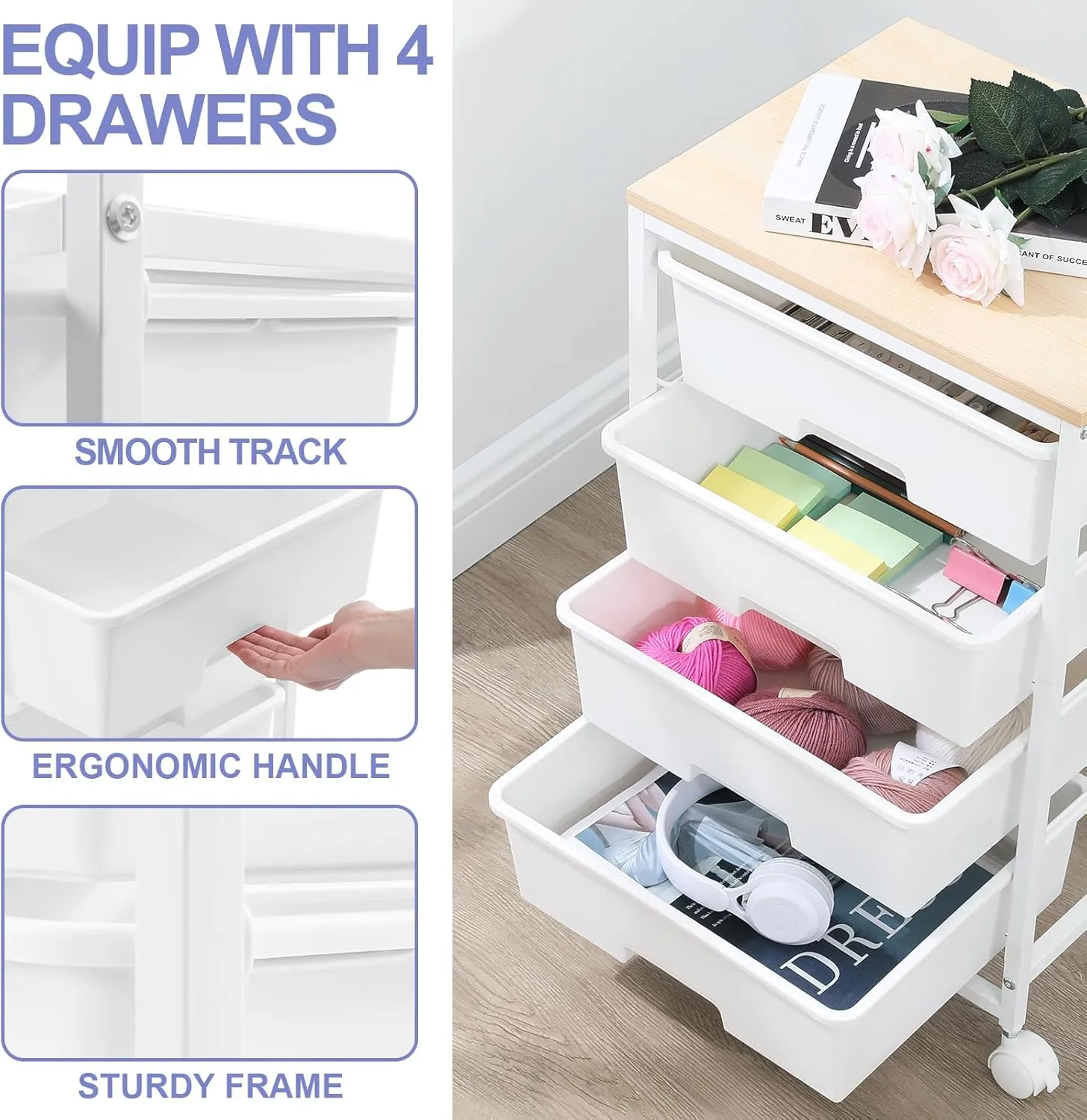 Utility Cart with 4 Drawers, Multipurpose Rolling Storage Cart with 4 Drawers and 2 Lockable Wheels, 4-Tier Rolling Storage Cart Organizer for Home Office Dorm, Bright White