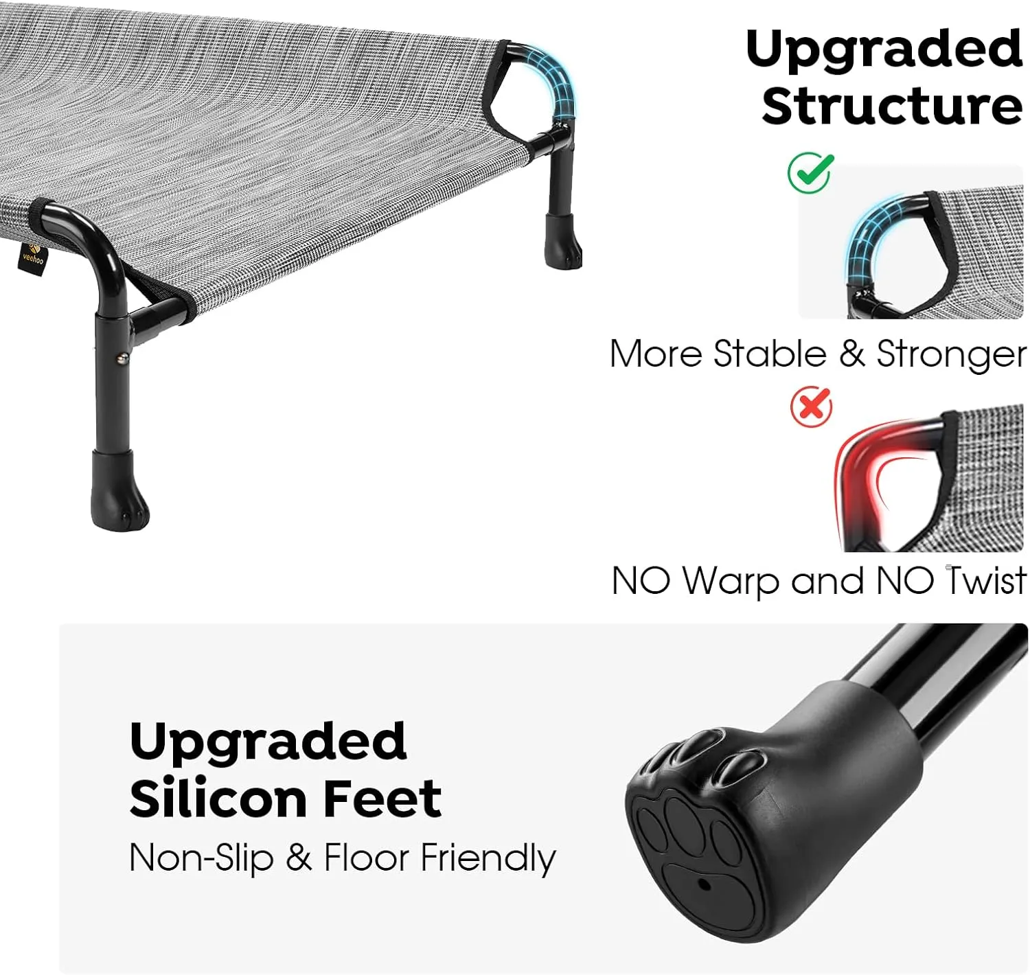 Veehoo Cooling Elevated Dog Bed, 59" x 37" for Large Dogs, Outdoor With Guardrail, Upgraded Non-Slip Feet, Breathable Teslin Mesh, Portable Camping Cot, Black Silver