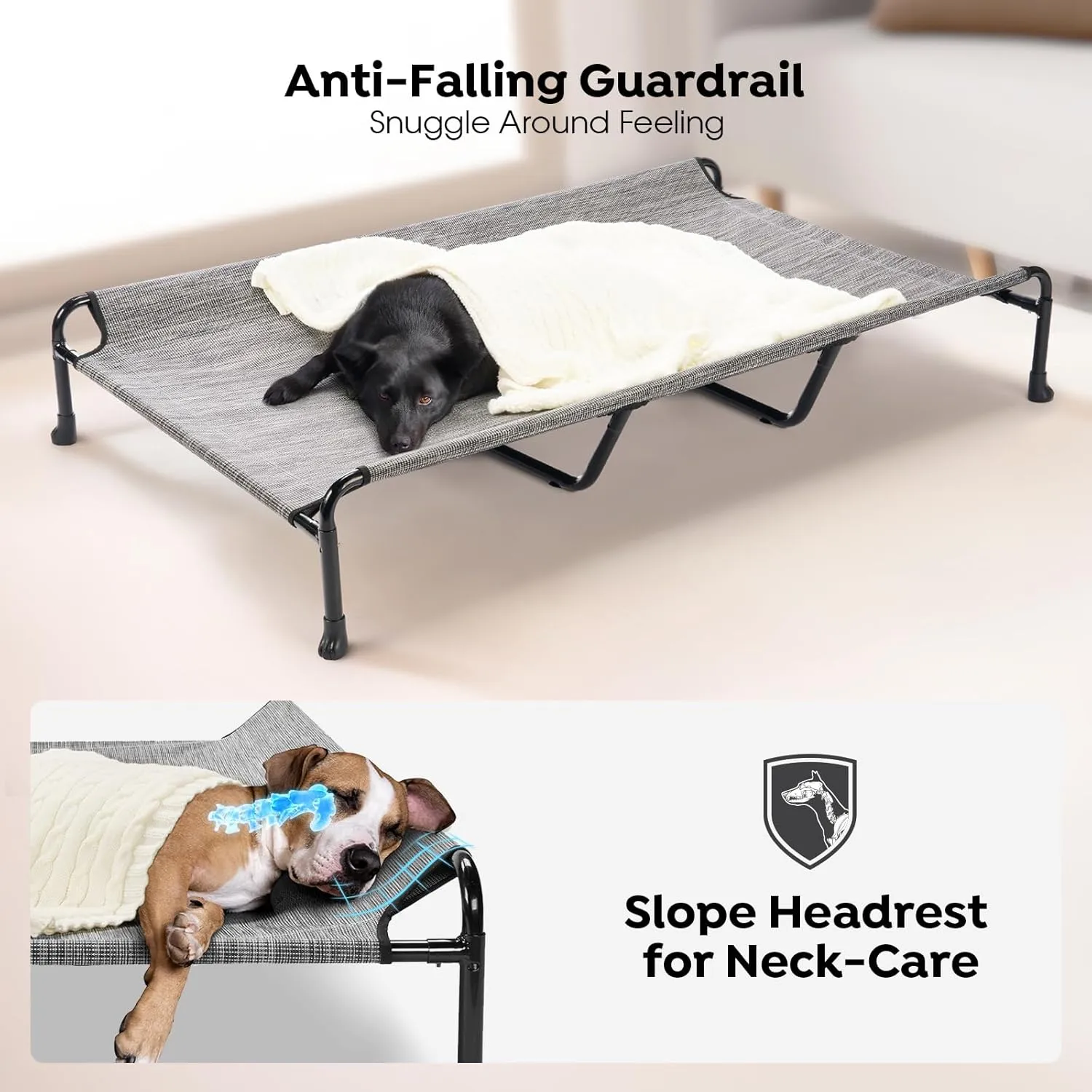 Veehoo Cooling Elevated Dog Bed, 59" x 37" for Large Dogs, Outdoor With Guardrail, Upgraded Non-Slip Feet, Breathable Teslin Mesh, Portable Camping Cot, Black Silver
