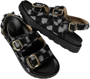 Verdusa Women's Buckle Denim Flatform Sandals Open Toe Slide Sandals Summer Shoes