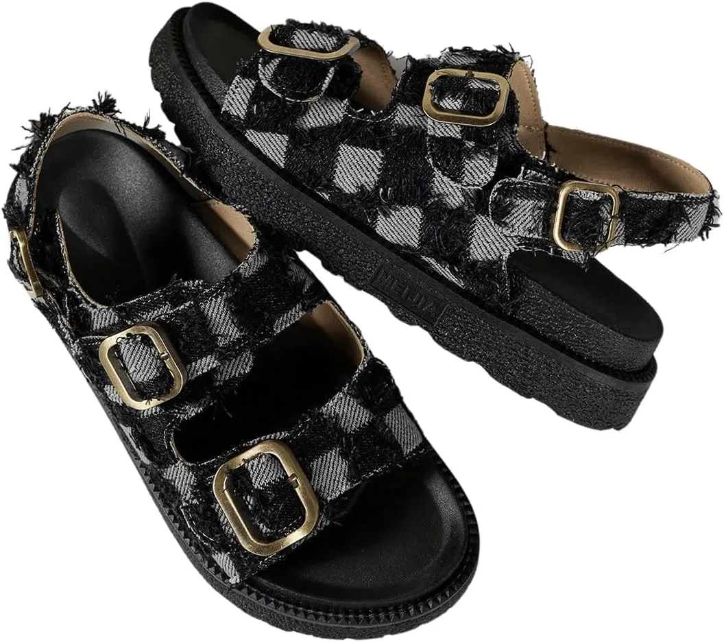Verdusa Women's Buckle Denim Flatform Sandals Open Toe Slide Sandals Summer Shoes
