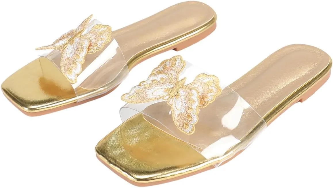 Verdusa Women's Clear Square Toe Slide Sandals Summer Slip On Flat Sandals