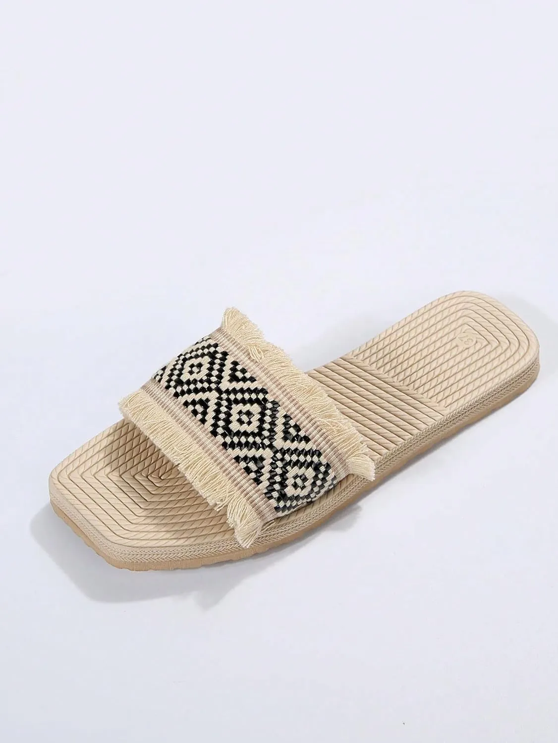 Verdusa Women's Fringe Trim Square Open Toe Flat Summer Slide Sandals Beach Shoes