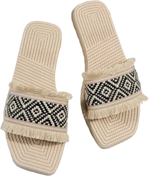 Verdusa Women's Fringe Trim Square Open Toe Flat Summer Slide Sandals Beach Shoes