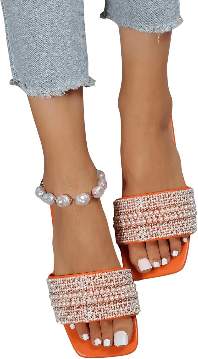 Verdusa Women's Pearls Sandals Slide Casual Sandal Flat Open Toe Slides