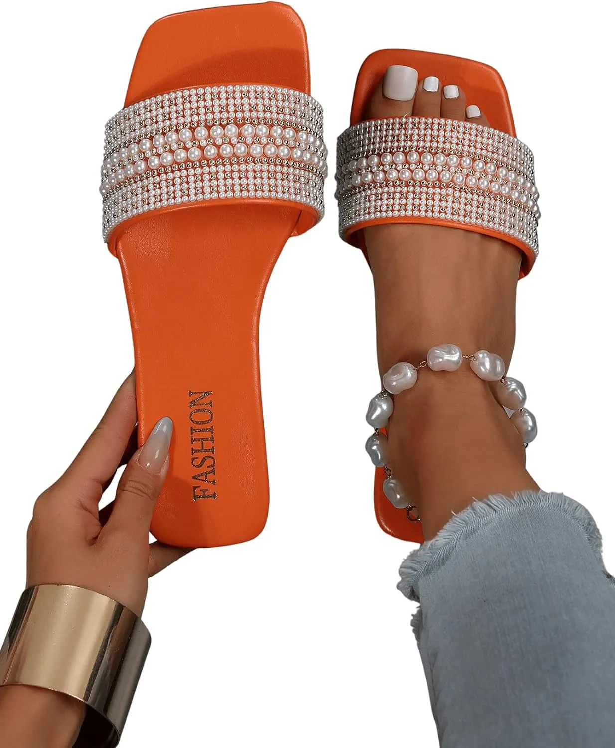 Verdusa Women's Pearls Sandals Slide Casual Sandal Flat Open Toe Slides
