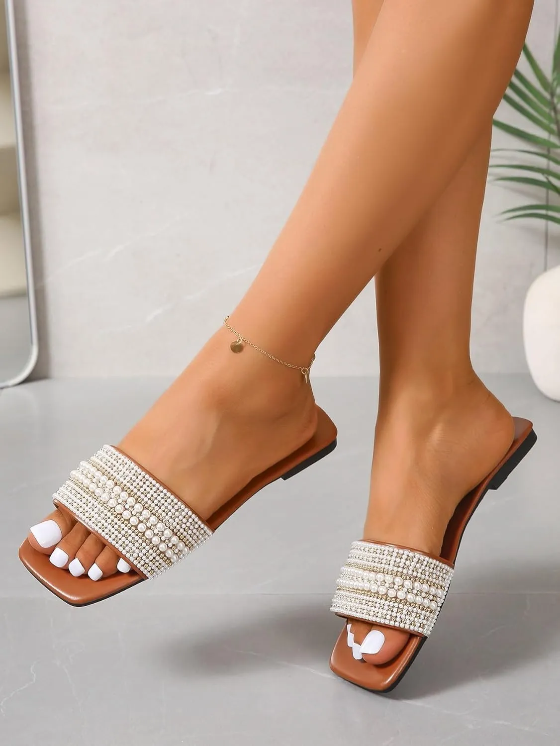 Verdusa Women's Pearls Sandals Slide Casual Sandal Flat Open Toe Slides