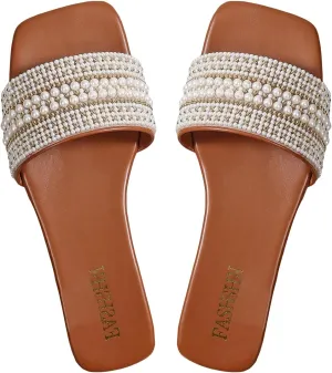 Verdusa Women's Pearls Sandals Slide Casual Sandal Flat Open Toe Slides