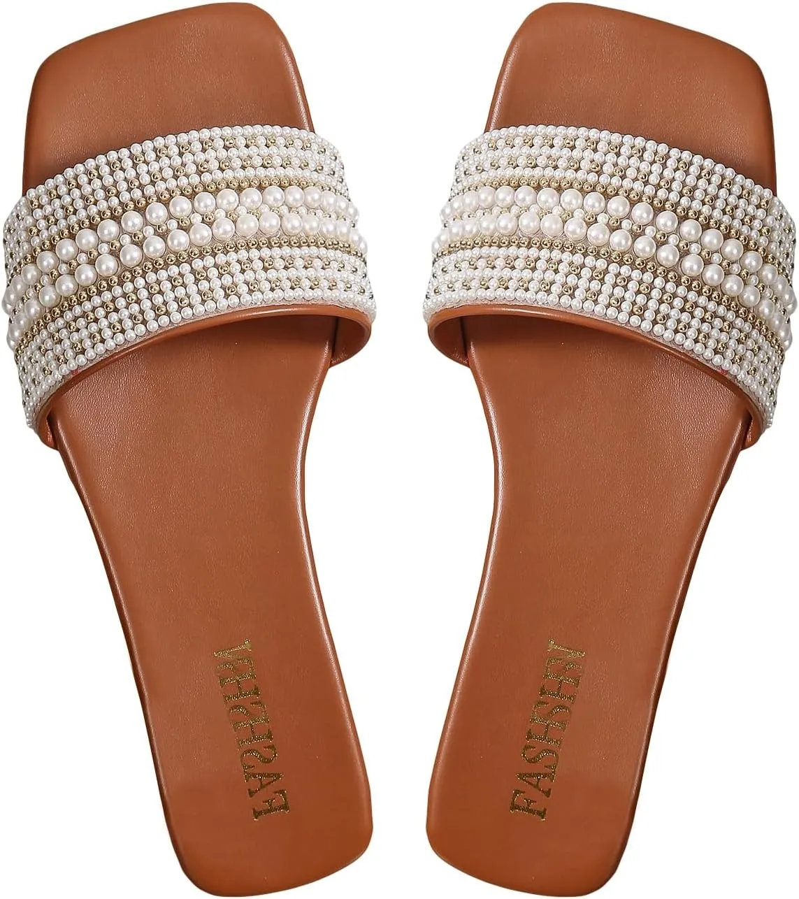 Verdusa Women's Pearls Sandals Slide Casual Sandal Flat Open Toe Slides