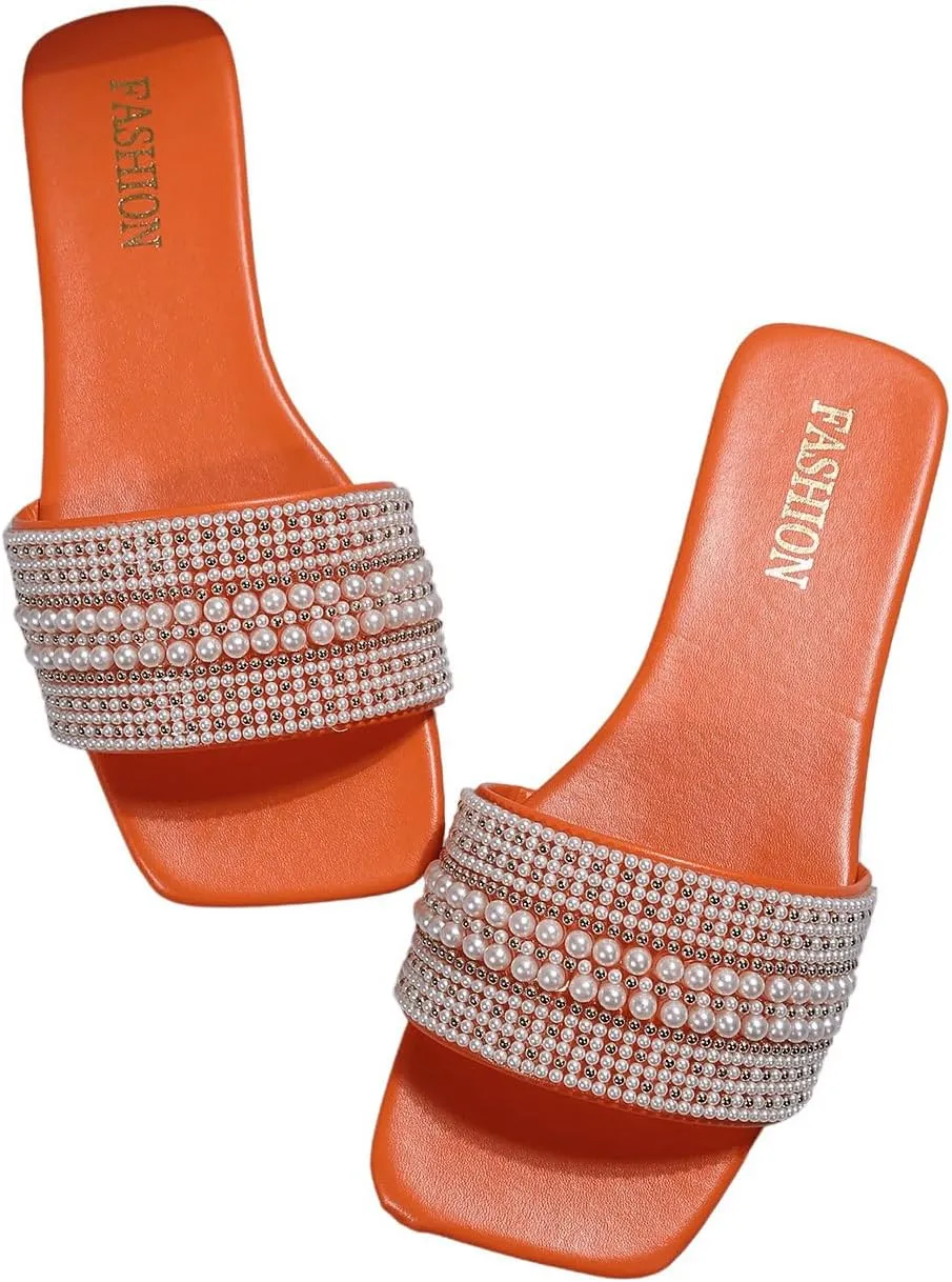 Verdusa Women's Pearls Sandals Slide Casual Sandal Flat Open Toe Slides