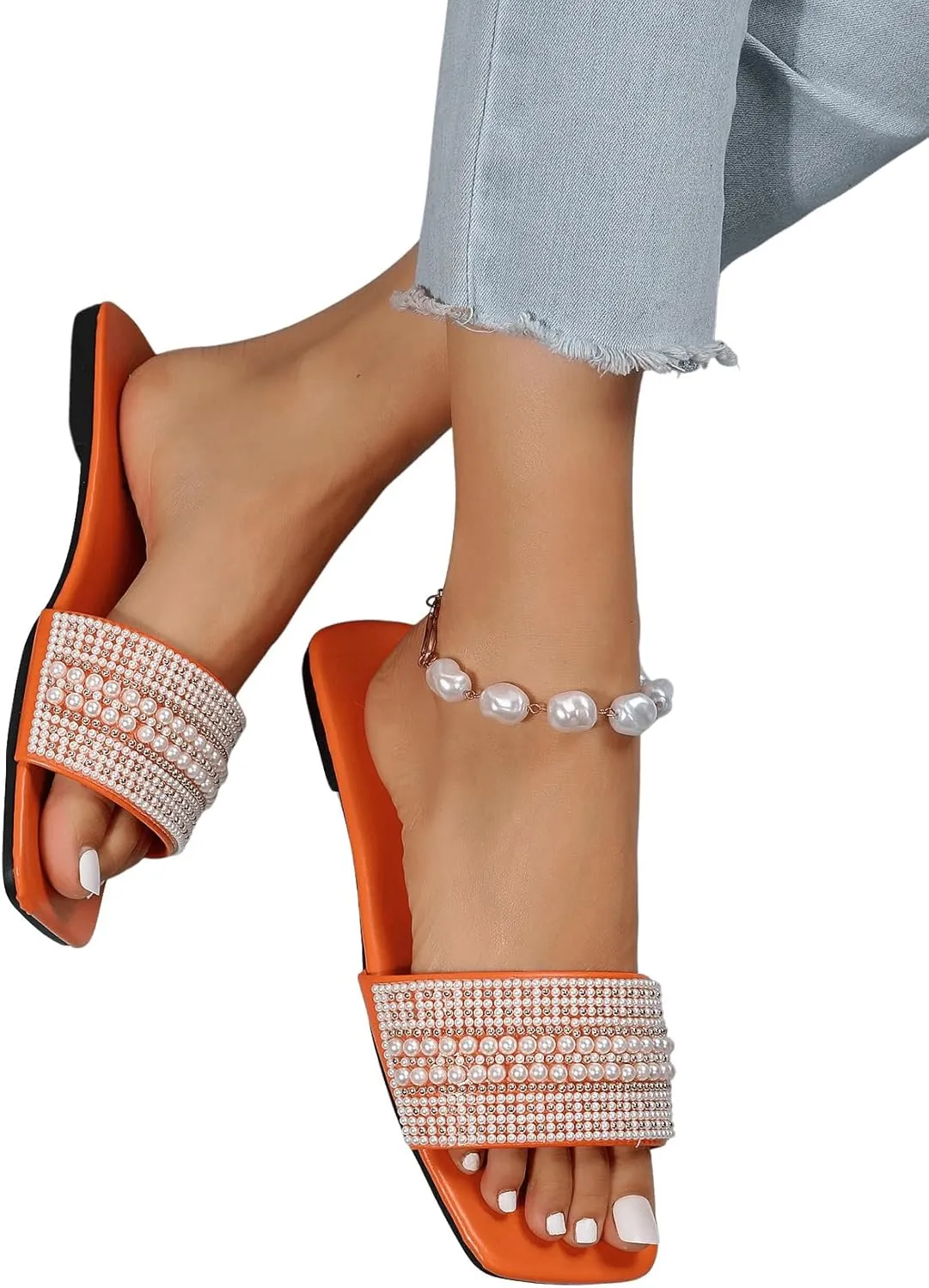 Verdusa Women's Pearls Sandals Slide Casual Sandal Flat Open Toe Slides