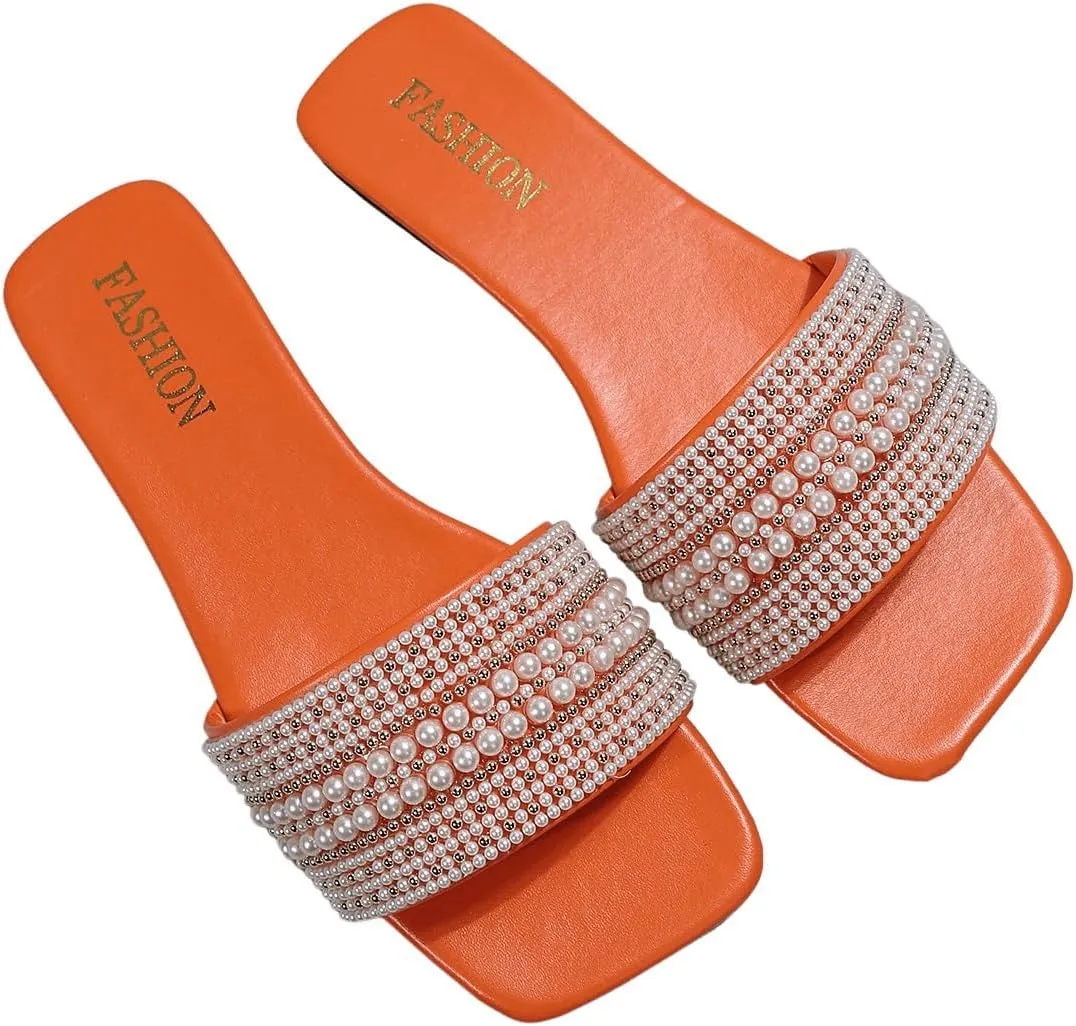 Verdusa Women's Pearls Sandals Slide Casual Sandal Flat Open Toe Slides