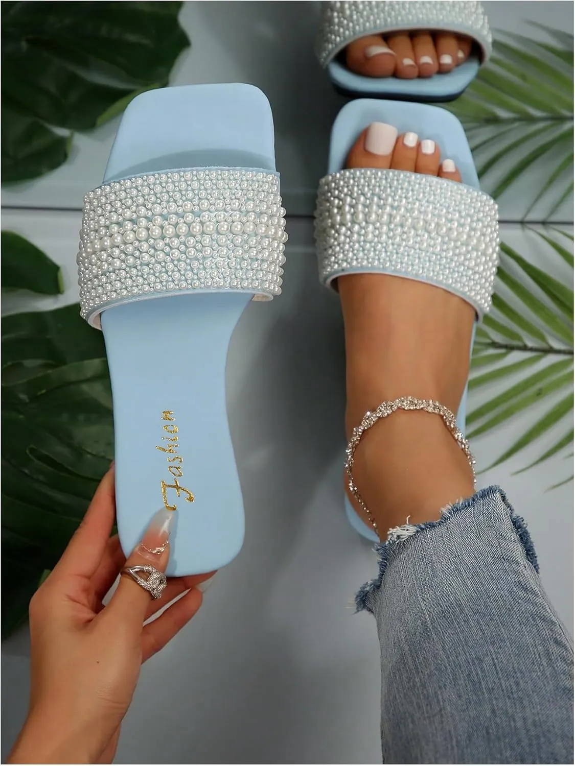 Verdusa Women's Pearls Slide Sandals Open Toe Slip On Summer Sandals