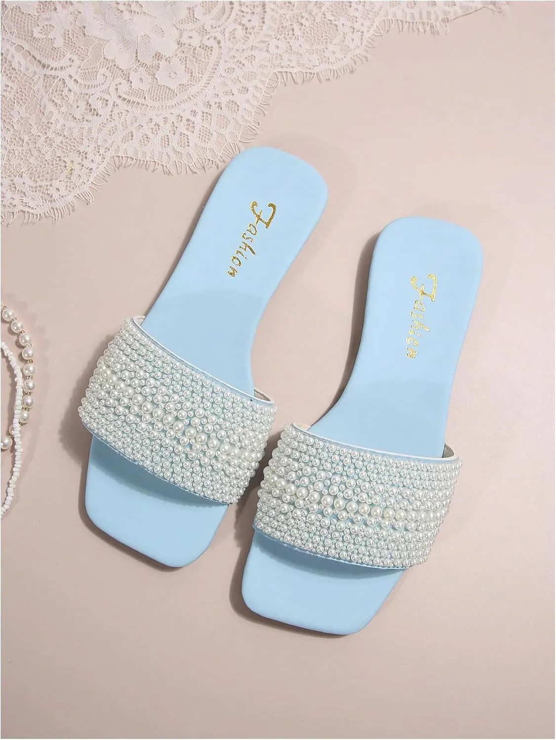 Verdusa Women's Pearls Slide Sandals Open Toe Slip On Summer Sandals
