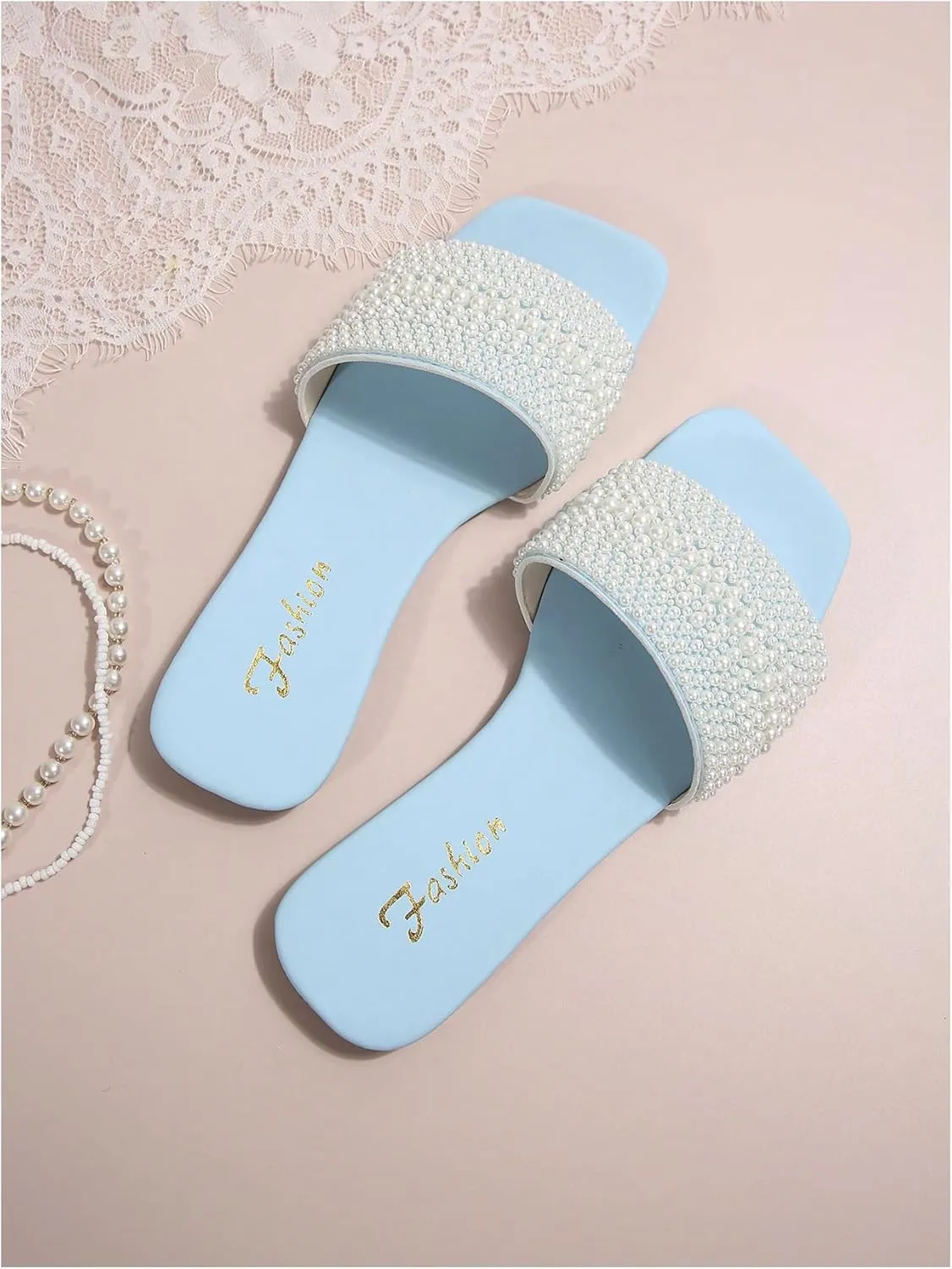 Verdusa Women's Pearls Slide Sandals Open Toe Slip On Summer Sandals