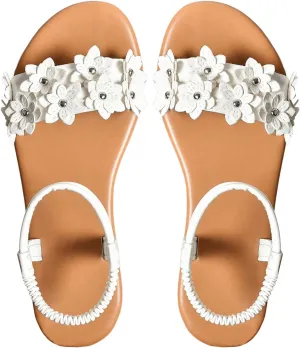 Verdusa Women's Summer Sandals Flower Leather Flat Sandals with Ankle Strap