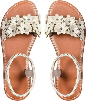 Verdusa Women's Summer Sandals Flower Leather Flat Sandals with Ankle Strap