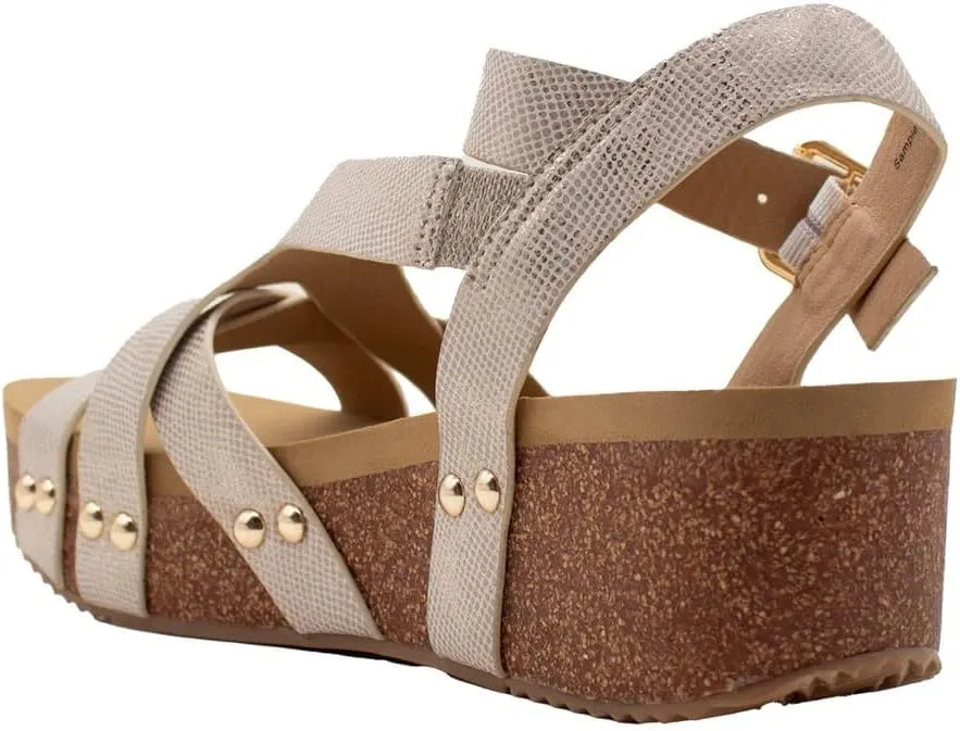 VOLATILE Womens Sandcastle Metallic Ankle Strap Casual Sandals Casual Mid Heel 2-3" - Beige