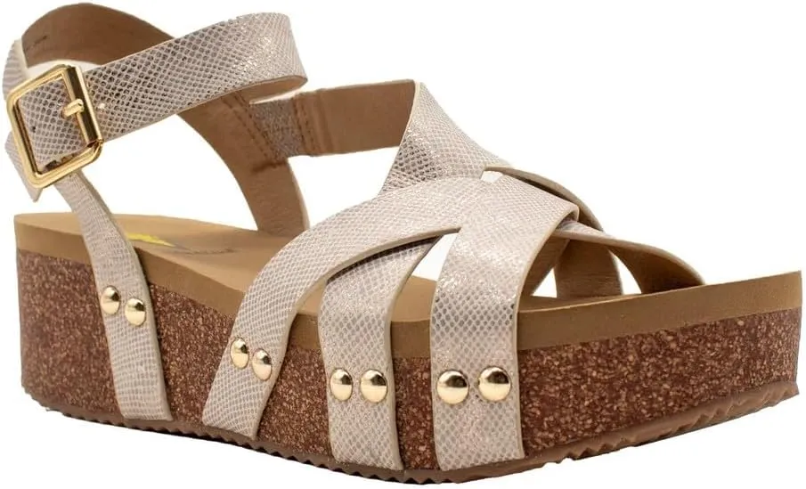 VOLATILE Womens Sandcastle Metallic Ankle Strap Casual Sandals Casual Mid Heel 2-3" - Beige
