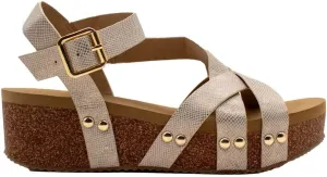 VOLATILE Womens Sandcastle Metallic Ankle Strap Casual Sandals Casual Mid Heel 2-3" - Beige
