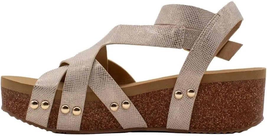 VOLATILE Womens Sandcastle Metallic Ankle Strap Casual Sandals Casual Mid Heel 2-3" - Beige