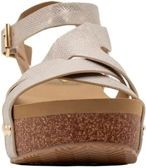 VOLATILE Womens Sandcastle Metallic Ankle Strap Casual Sandals Casual Mid Heel 2-3" - Beige
