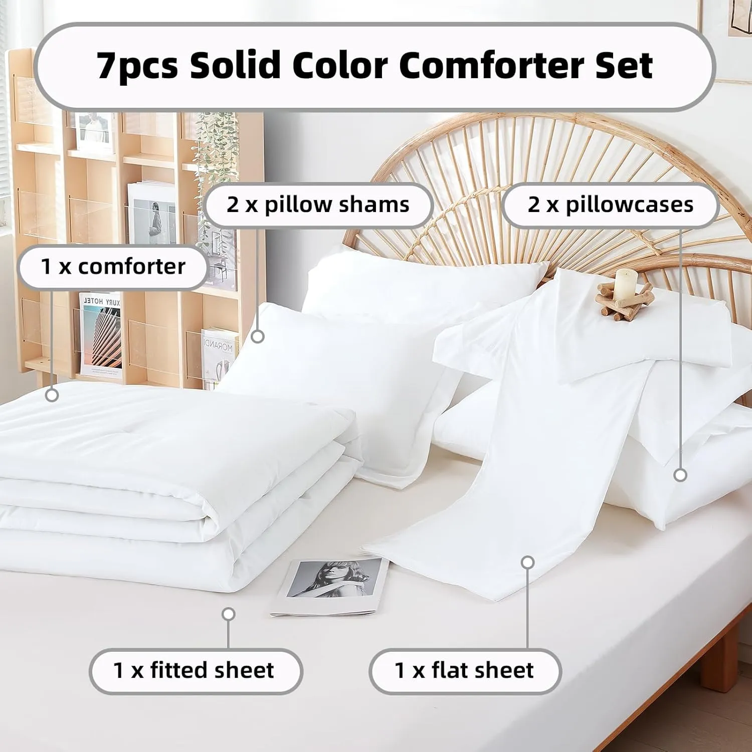 weigelia Queen Comforter Set White Comforter Set Queen 7 Pieces Bed in a Bag Queen Size Bedding Set with Fitted Sheets, Flat Sheets, Pillow Shams and Pillowcases