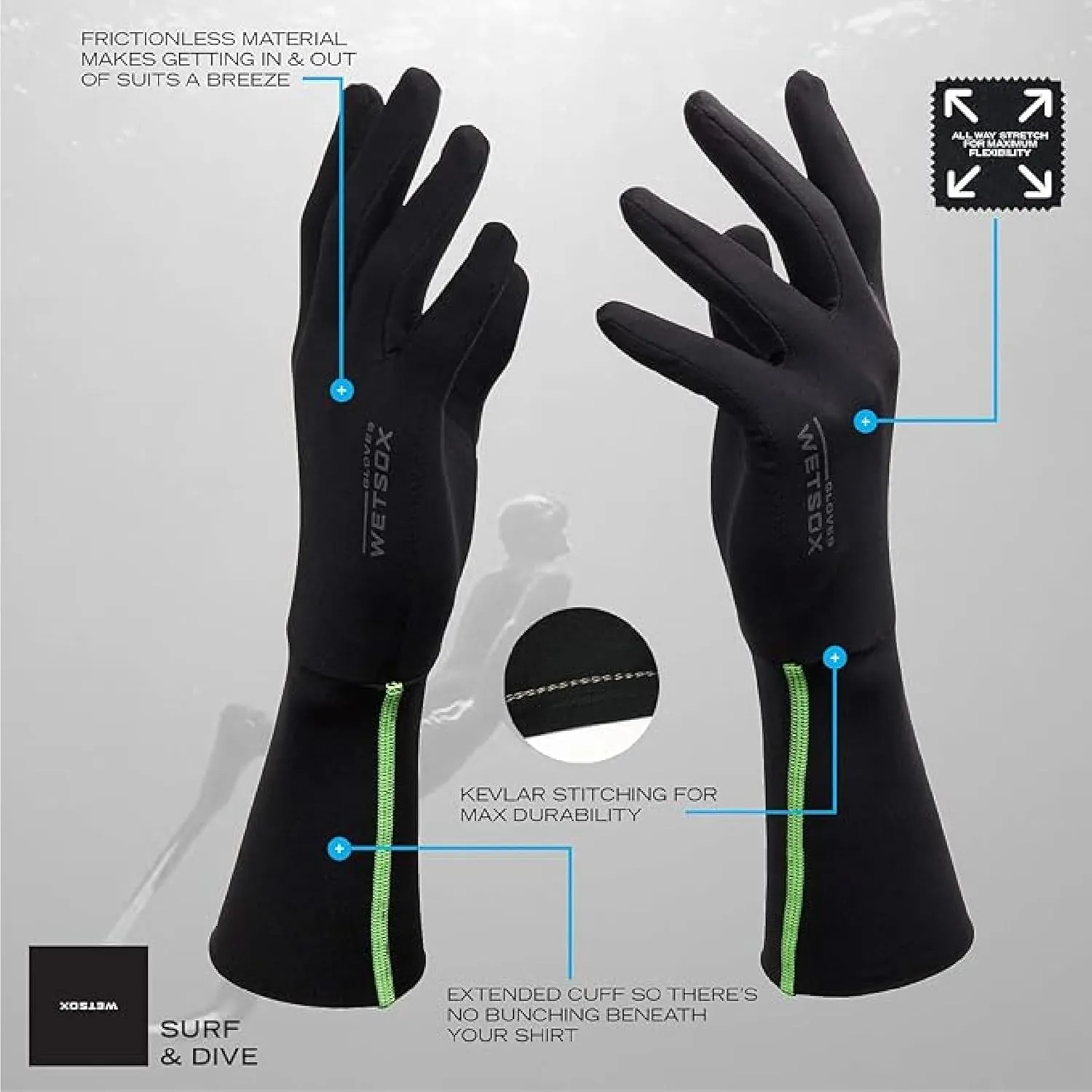 Wetsox Frictionless Wetsuit Glove Liners | Get In/Out Wetsuits and Accessories | Waterproof, Flexible, Lightweight