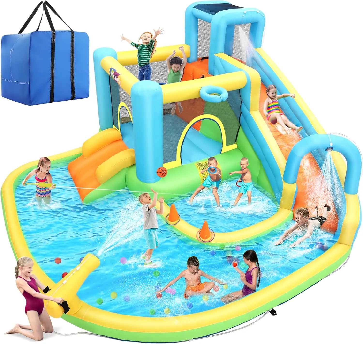 Whubefy Inflatable Water Slide Bounce House for Kids Backyard Blow Up Water Park with Dual Slides & Double Splash Pools, Ring Toss & Water Cannon, Arch & Overhead Sprinkler for Indoor Outdoor Play