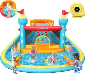 Whubefy Inflatable Water Slide Bounce House, Waterslide Park for Kids Backyard with 2 Water Slide for Racing, Jumping/Splash Pool/2 Cannon/Climbing Wall/2 Sprayer/520W Blower for Birthday Party Gifts