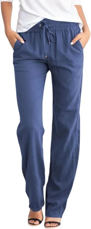 Women Cotton and Linen Summer Palazzo Pants Flowy Wide Leg Beach Pants High Waist Comfy Trousers with Pockets