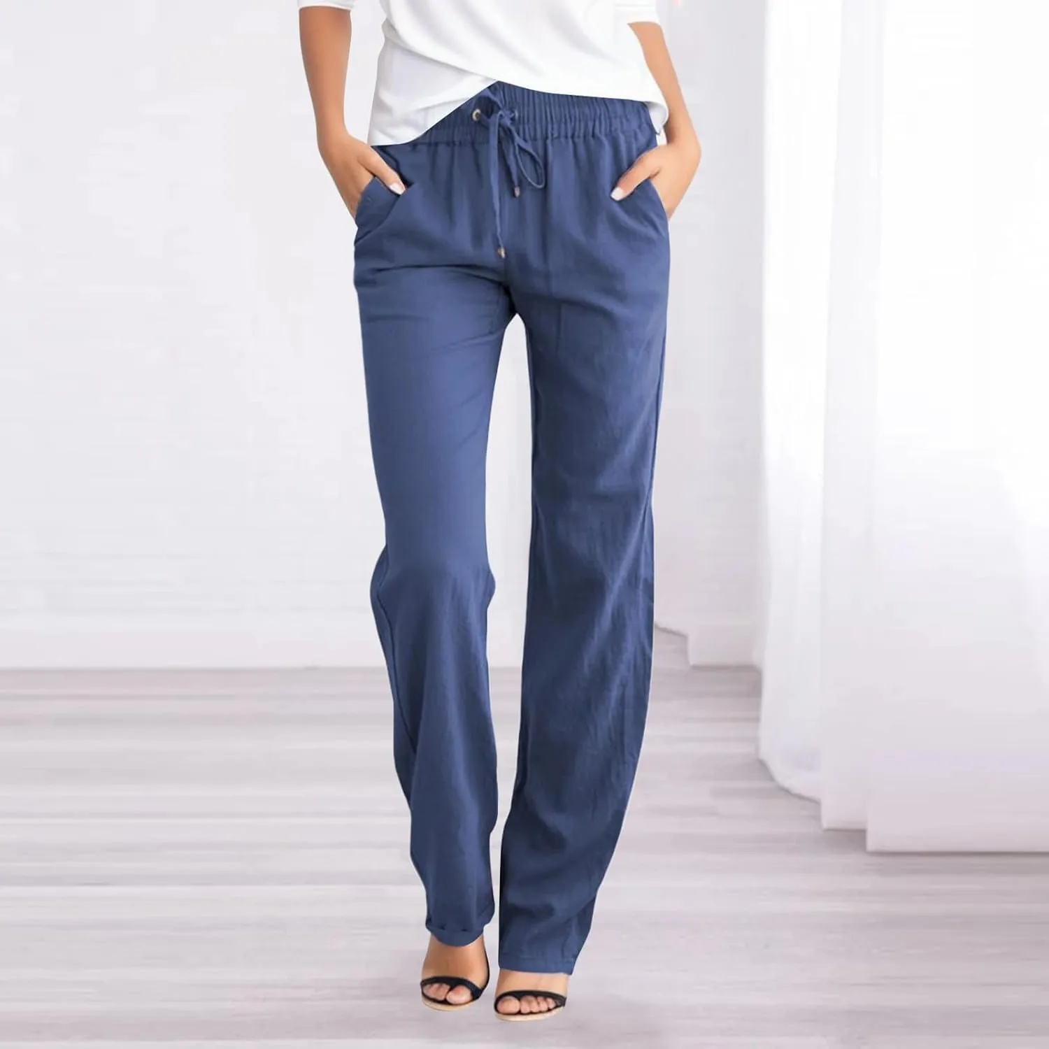 Women Cotton and Linen Summer Palazzo Pants Flowy Wide Leg Beach Pants High Waist Comfy Trousers with Pockets