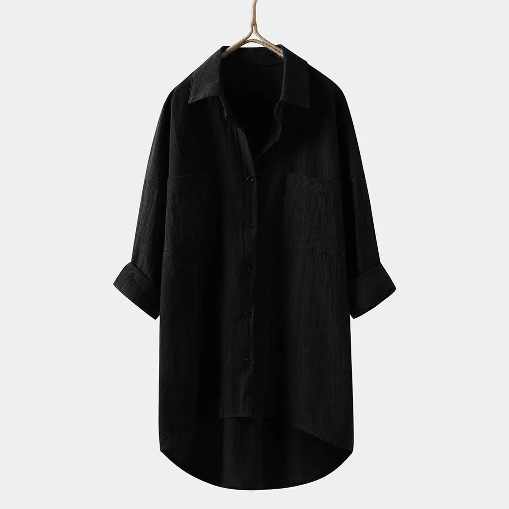 Women Linen Shirts Summer Cotton Linen Buttons Long Sleeve T-Shirt Casual Loose Fit Henley Crew Neck Tee Top