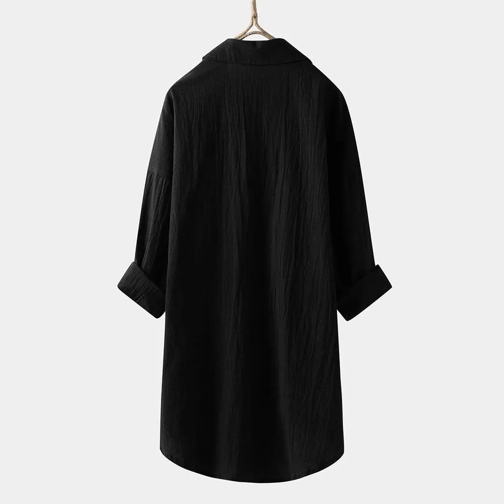 Women Linen Shirts Summer Cotton Linen Buttons Long Sleeve T-Shirt Casual Loose Fit Henley Crew Neck Tee Top